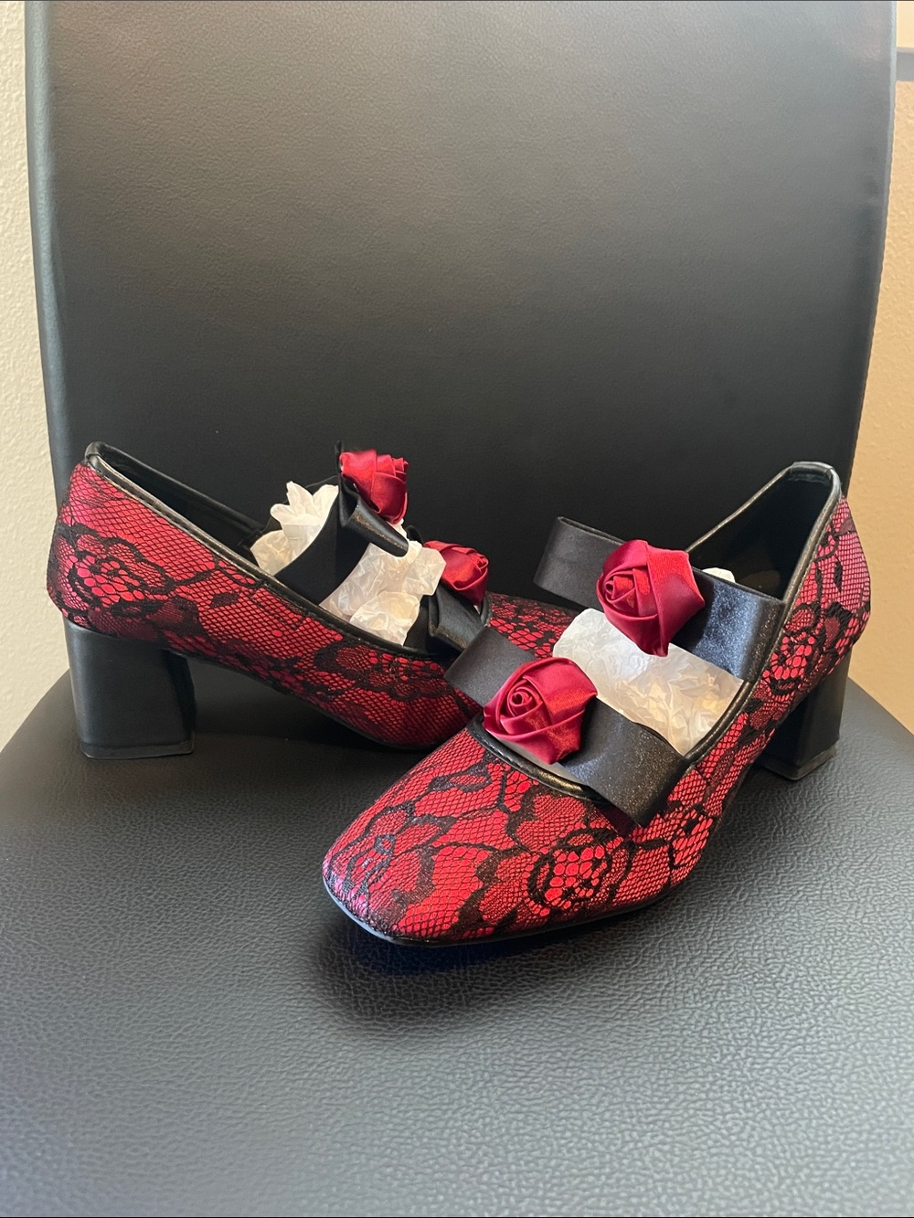 Red Lace Block Heel Pumps with Satin Rose Accents